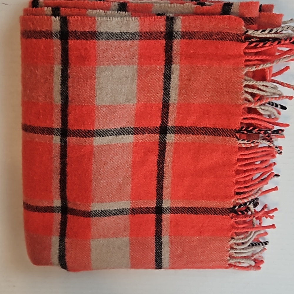J. Crew | Women's Plaid Orange Tan Black Fringe Wool Scarf Wrap